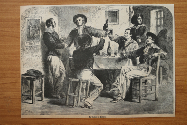 Holzstich Die Rückkehr des Seemanns 1866 Künstler Gus Hauer Gasthaus Wein Fest